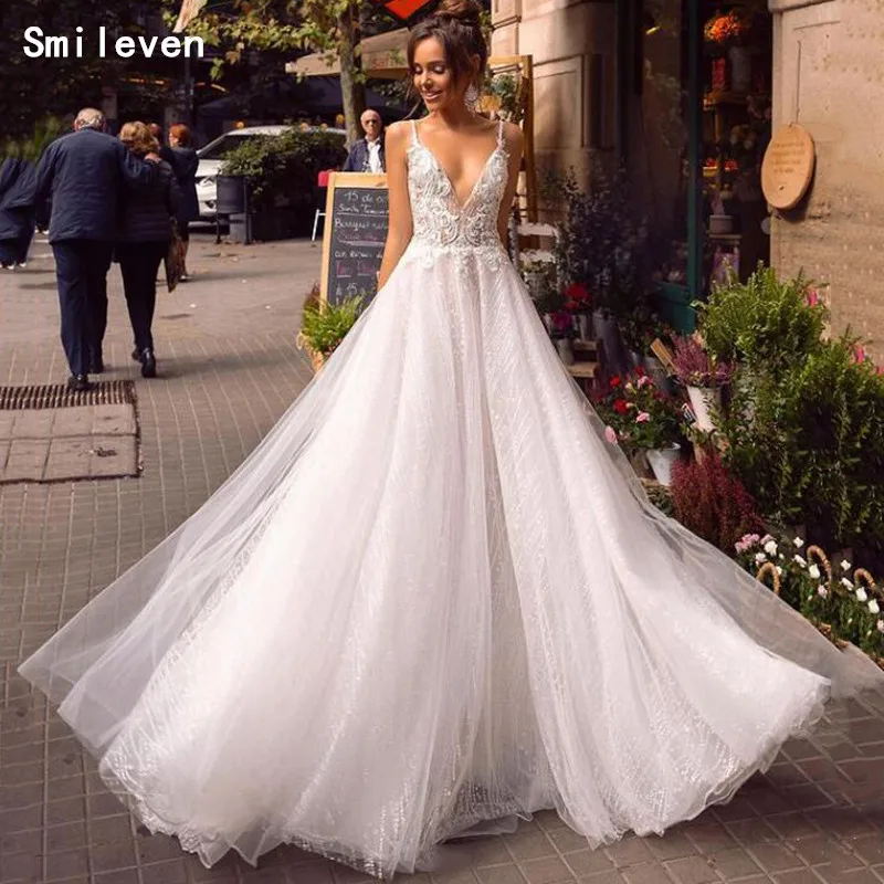 

Smileven Princess Wedding Dress Spaghetti Straps Elegant Lace Bride Dresses V Neck Vestido De Noiva Boho Wedding Gowns