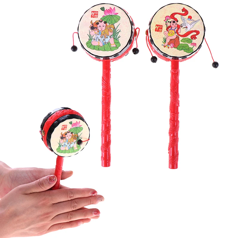 1Pc Chinese Tranditonal Rattle Drum Toy for Baby Boys Girls Red Baby Drum Hammer Rattle Kids Voice Toys Funny Toys Random Print