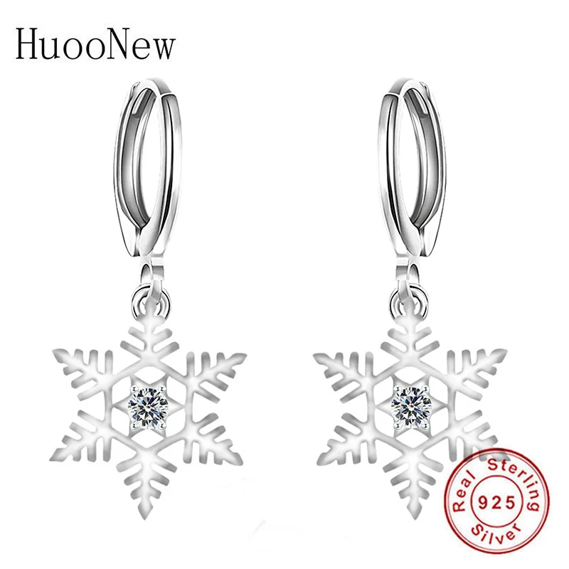 925 Sterling Silver Hollow Snowflake Zirconia Dangle Bead Hoop Earring Piercing Pendientes Boucles Doreilles Brinco For Women