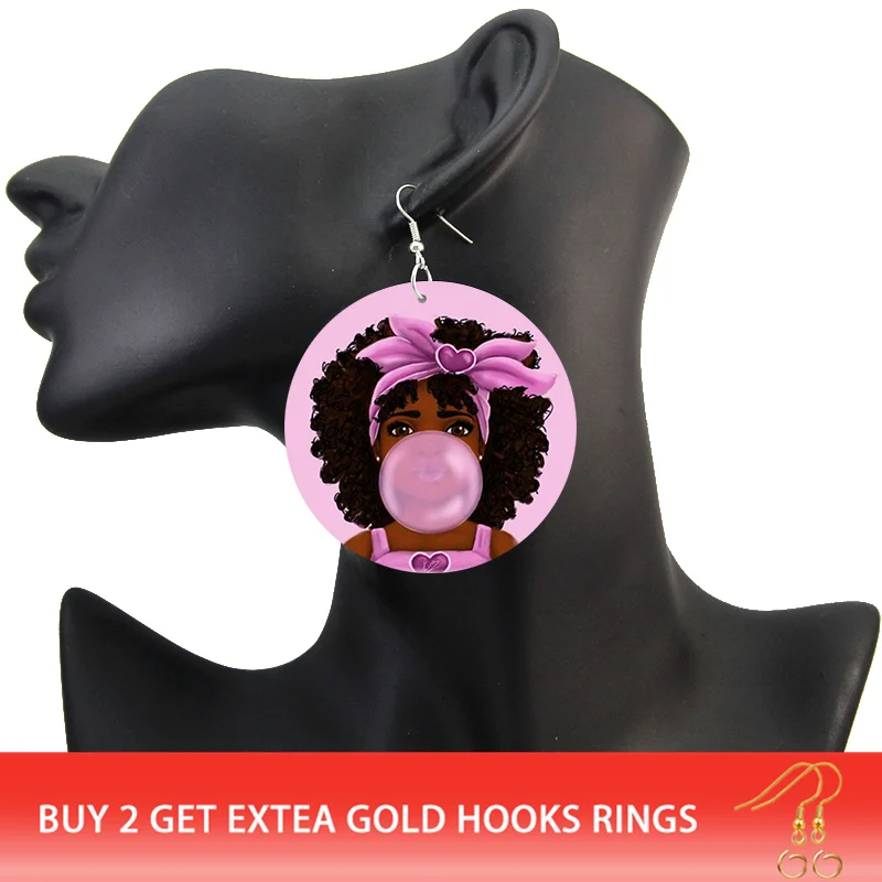 SOMESOOR Lovely Pink Afro Girl Bubble Gum Wooden Drop Earrings African Black Natural Hair Hiphop Dangle Jewelry For Women Gifts