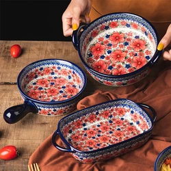 Ceramic Bakeware Retro Binaural Soup Bowl Household Oven Porcelain Plate Multi-function Dinner Plate In-Glaze Salad Bowl