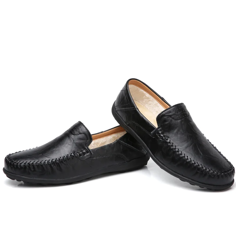 Winter Warm Men Casual Shoes Luxury Brand Genuine Leather Mens Loafers Moccasins Black Driving Shoes Plus Size 37-47 Skor