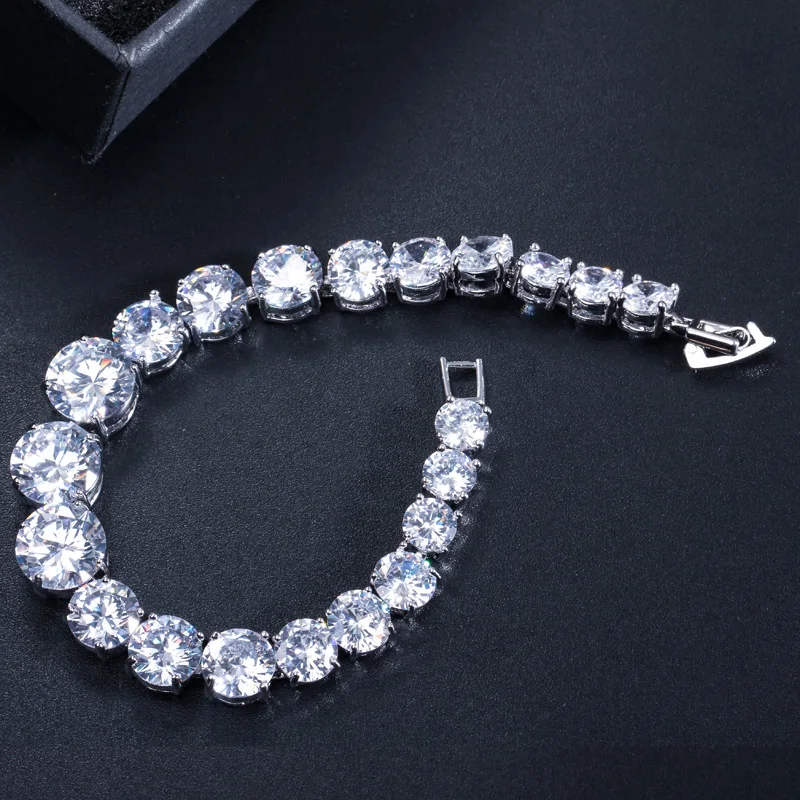 CWWZircons Luxury CZ Bridal Jewelry Silver Color Round Shape Big Cubic Zirconia Bracelets Bangles for Women CB150