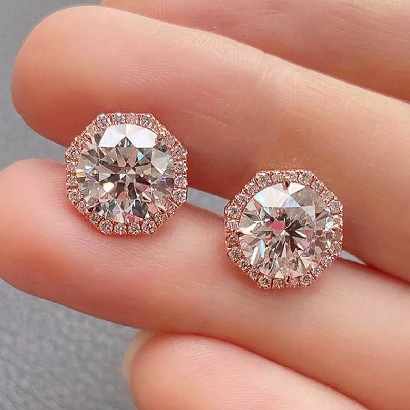 Huitan Simple Rose Gold Plated Stud Earrings with Round Cubic Zirconia Geometric Versatile Female Earrings Low-key Women Jewelry
