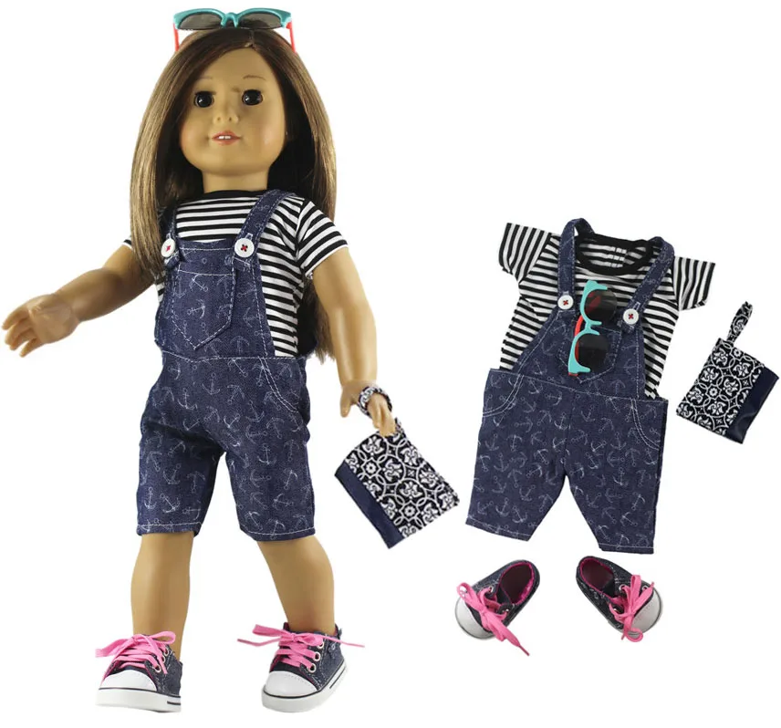

Denim Casual clothing Doll Clothes for 18'' American Doll Handmade T-shirts+Suspenders