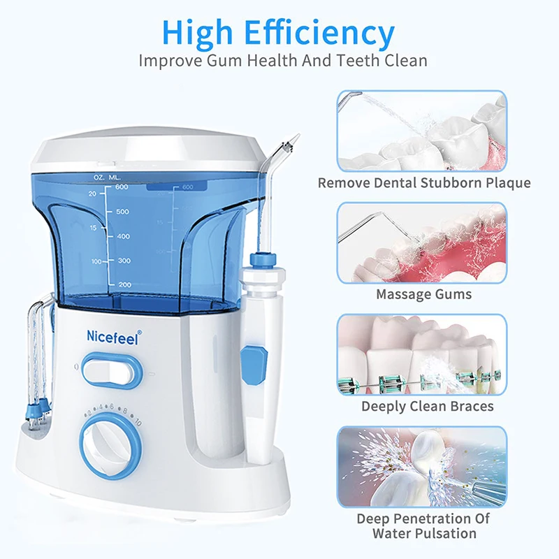 Nicefeel Water Flosser 600ml Oral Irrigator 7 Multifunctional Jet Tips Dental Water Flosser for Braces Care Teeth Cleaning