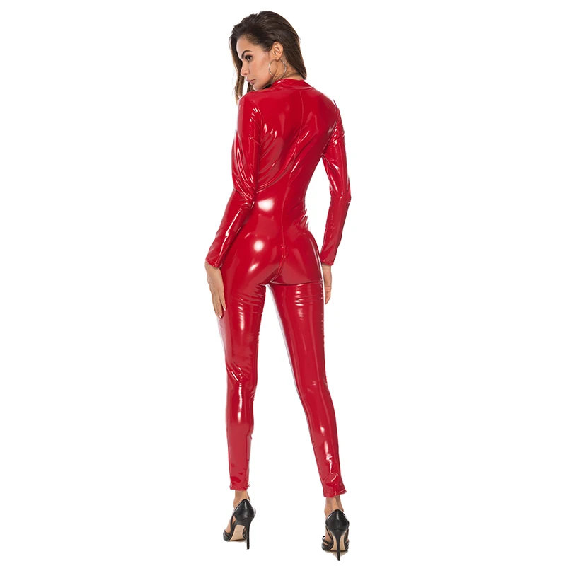 Women Sexy Open Crotch Latex Catsuit Erotic Below Crotchless Bodysuit With Double Zipper Glossy Shaping Leather Lingerie Set