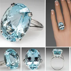 Gorgeous Charming Large Oval Blue CZ Stone Ring Women Fashion Plated Silver Color Crystal Zircon Ring Bridal Trendy Jewelry