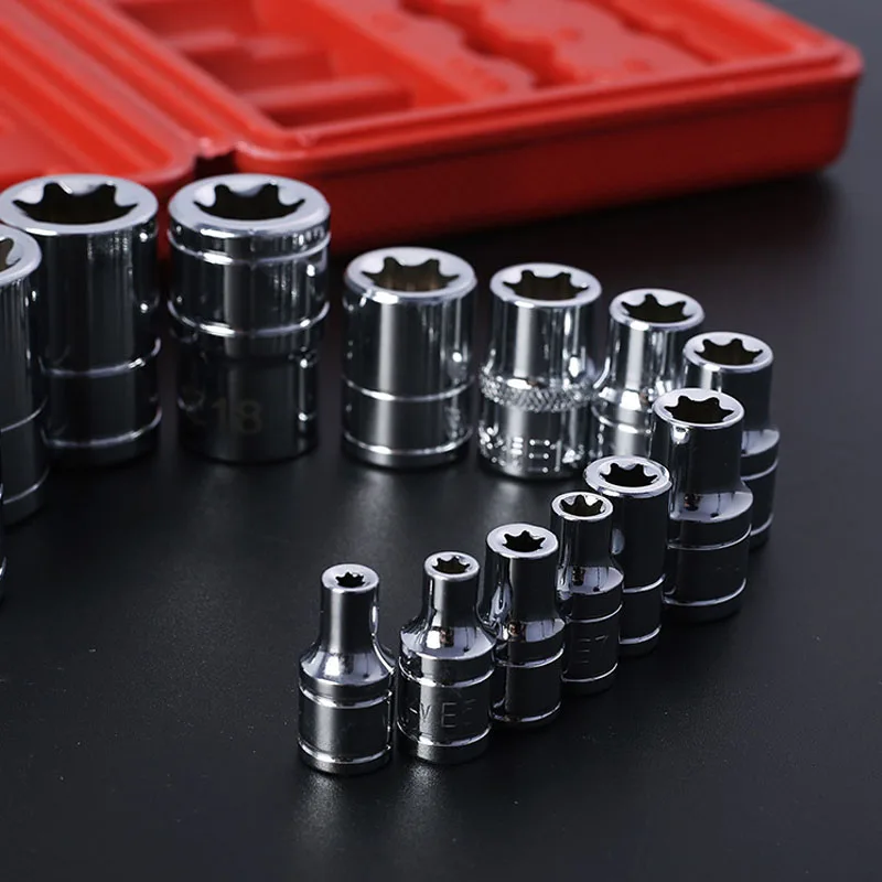 Juego de enchufes E4-E24 Torx para reparación de automóviles, llave de cabeza tipo E de 1/4 ", 3/8" y 1/2 ", llave de cabeza Allen, herramientas de enchufes universales, 14 Uds.