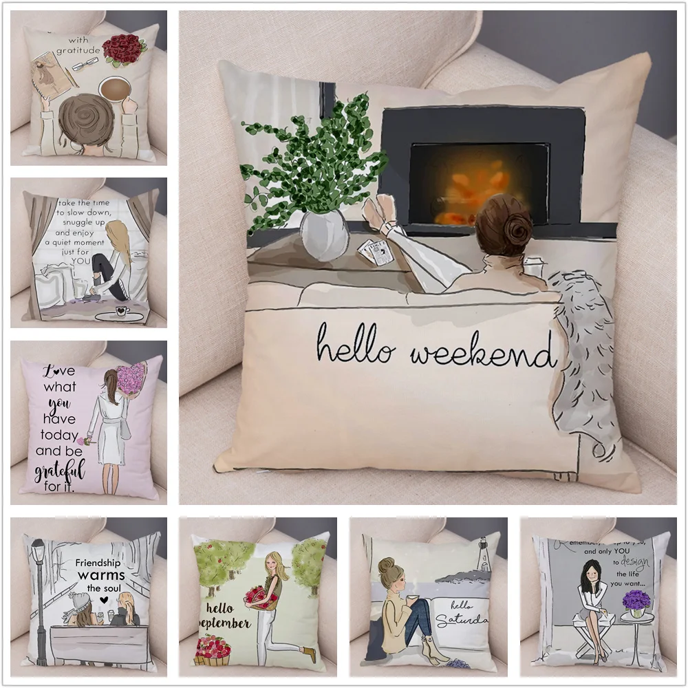 Hello Weekend Cute Cartoon Girl Cushion Cover Pillow Case 45*45cm Covers Decor Letter Super Soft Short Plush Pillows Pillowcase