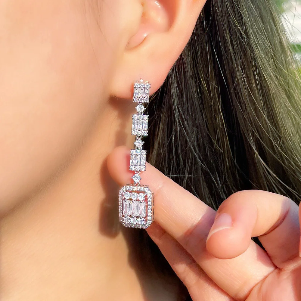 Pera Classic White Square Shape Cubic Zirconia Silver Color Long Dangle Drop Earrings Prom Party Dress Jewelry for Female E851 image 2