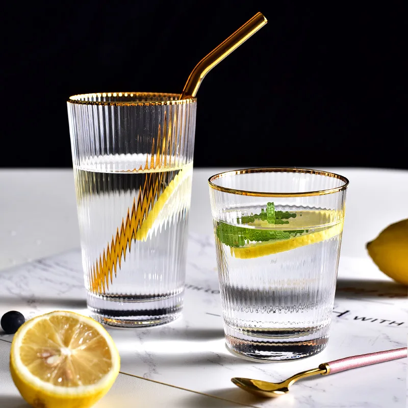 Home Hotel Transparent Glass Golden Vertical Stripe Juice Drink Water Cup European Style Environmentally Friendly Beer Glass Cup