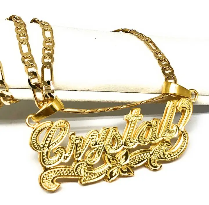 GOLD PLATED SILVER CUSTOMIZED 3D ILLUSION DOUBLE CLASSIC NAMEPLATE NECKLACE WITH CHAIN