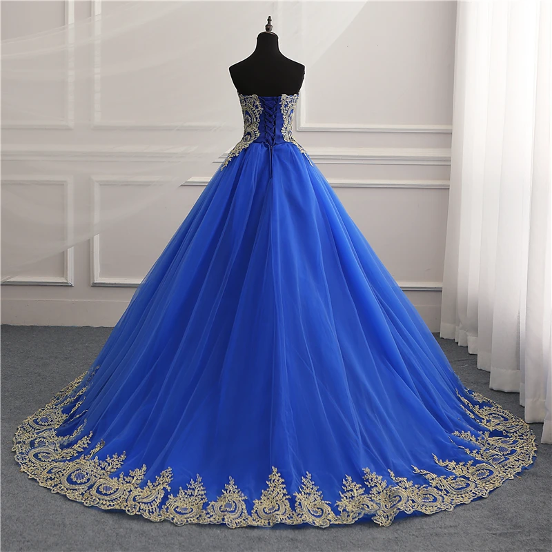 Real Video 8 Layers New Arrival Blue Strapless Wedding Dress Pluse Size Gold Lace Long Train Sleeveless Appliques Bride Gown