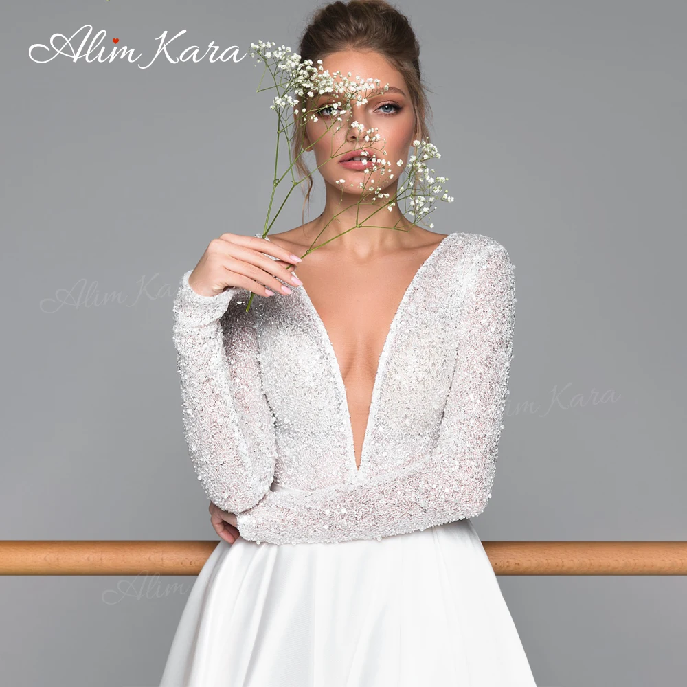 فستان زفاف بأكمام طويلة على شكل حرف a 2025 فستان عروس سبليت على شكل حرف v مخصص للأميرة Alim Kara EL05 مقاس كبير فيستدو دي نوفيا