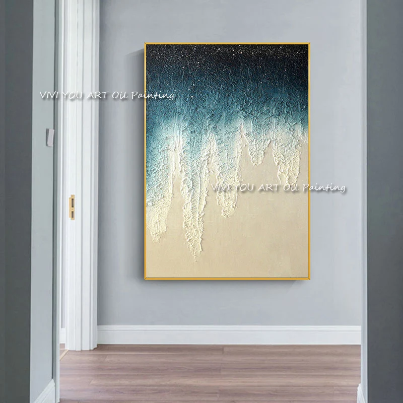 The Hot Sales Blue Water Abstract Modern Handmade Thick Oil Painting Handpainted Textured Brush Wall Art Sea Waves Home Decor