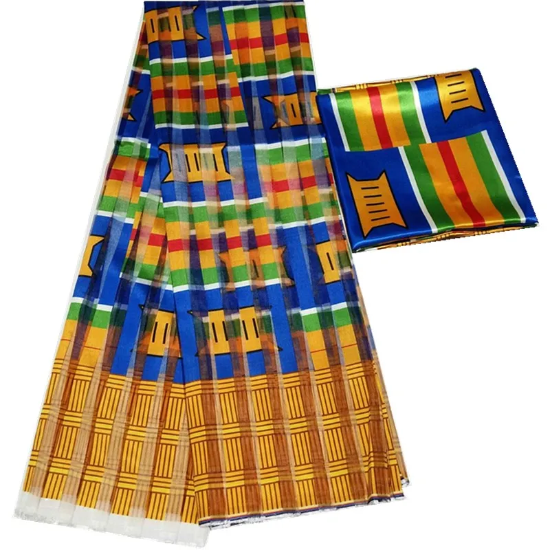 Hot sale Ghana Style satin silk fabric with Organza printed For Dress Sewing Materials 6 Yards/Set. 78103
