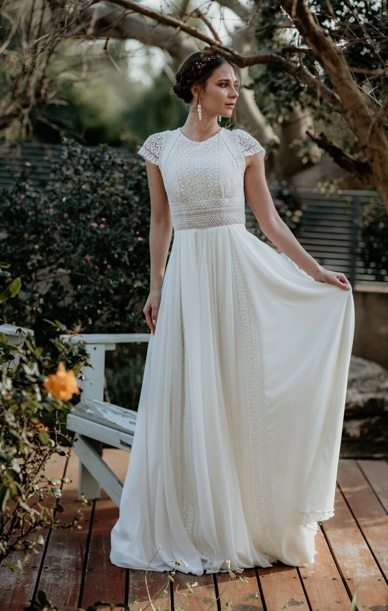 Abito da sposa Vintage bohémien maniche con berretto in pizzo Boho abiti lunghi da sposa abito da sposa in Chiffon da spiaggia Robe De Marie bianco semplice