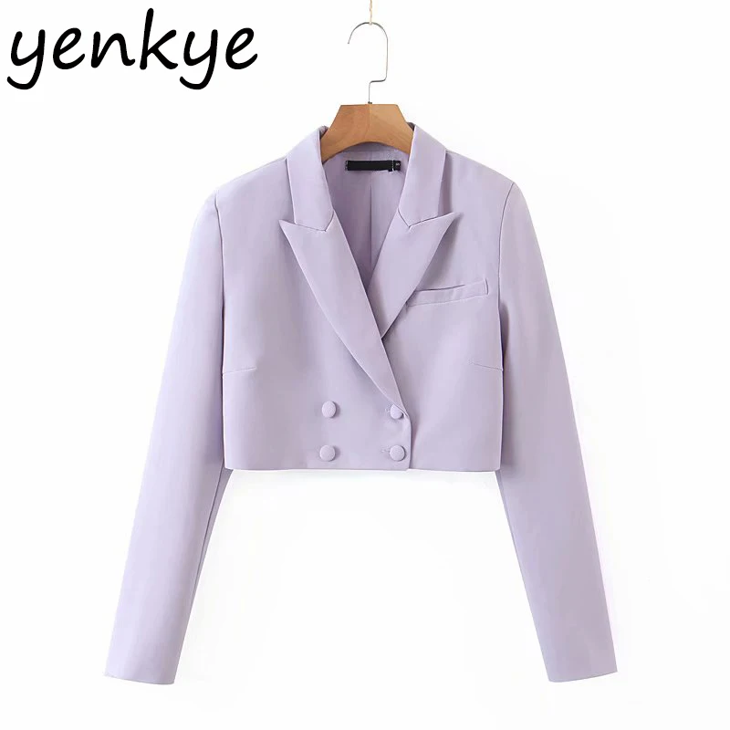 Fall Women Cropped Blazer Vintage Solid Color Long Sleeve Notched Collar Double Breasted Elegant Office Jacket  Fashion Suits