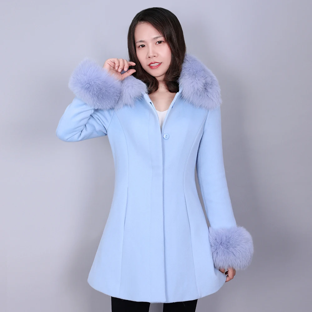 

MaoMaoKong 2020 Real Fur Coat Winter Jacket Ladies Loose Natural Fox Fur Collar Cashmere Wool Blend Coat Jacket Streetwear Overs