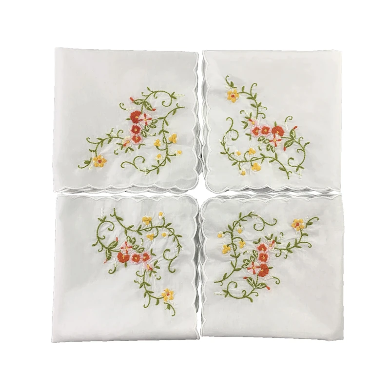 ladies handkerchief White Cotton Hankies with Scallop Edges & Color embroidery Floral Hanky 12x12-inch