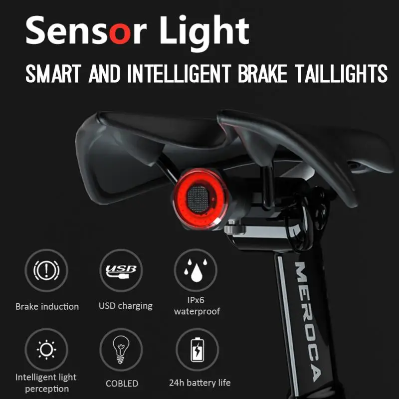 Smart Bicycle Rear Light Auto Start/Stop Brake Sensing IPx6 Waterproof USB Charge Cycling Tail Taillight Bike LED Light