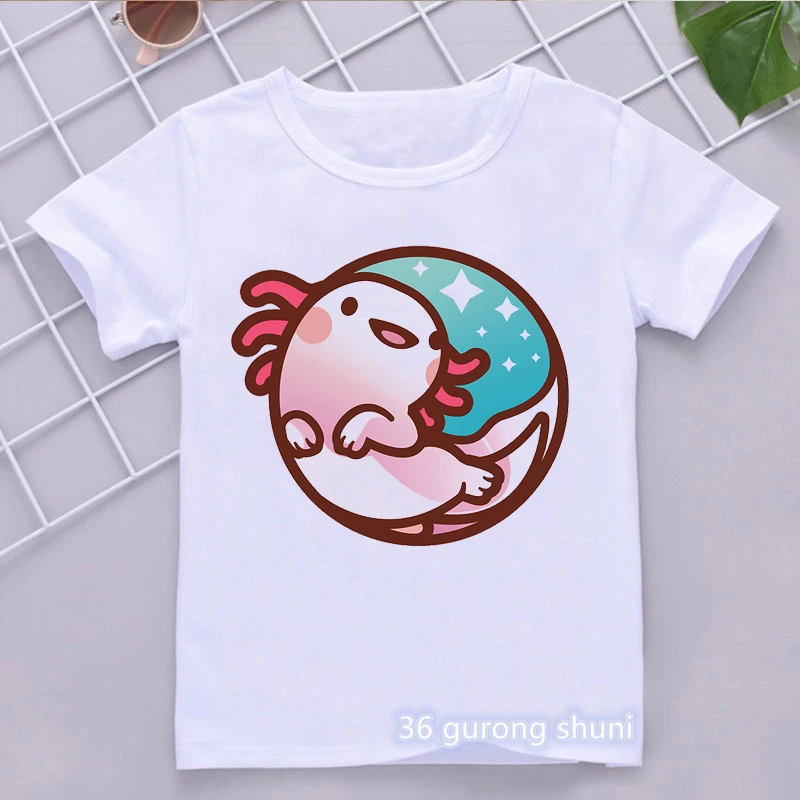 Donut Axolotl Cartoon Print T-Shirt Girls/Boys Kawaii Kids Clothes 3-15 Years Toddler T Shirt Harajuku Shirt Summer Tops Tee