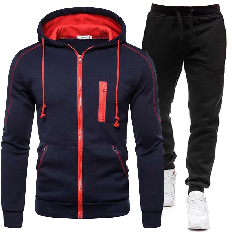 Men\'s Tracksuit Sports Suit 2021 Spring and Autumn Leisure Suit Sports Sweater Zipper Stitching Hooded Two-piece Set Large Size