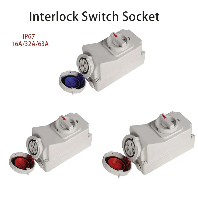 Industrial Socket 3 pole 4 pole 5 pole 16A 32A 63A ip67 Interlock Switch Socket Waterproof 220V 380V 415V