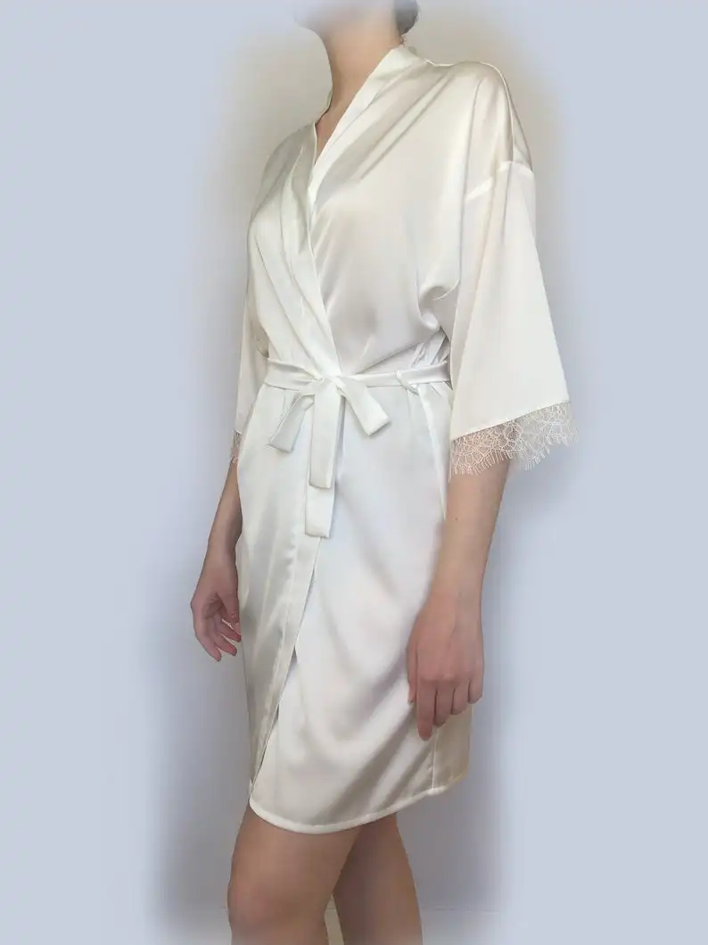 New Ivory Women's Faux Silk Robe Bath Gown Hot Sale Kimono Bathrobe Solid Color Wedding Sleepwear Nightdress