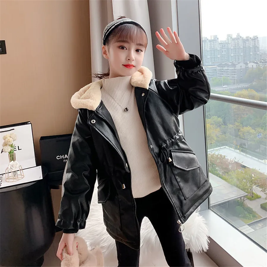 Winter Girls Leather Windbreaker Fleece Thicken Mid-length Children\'s Outerwear Fashion Warm New Year PU Trench Coat for Kids