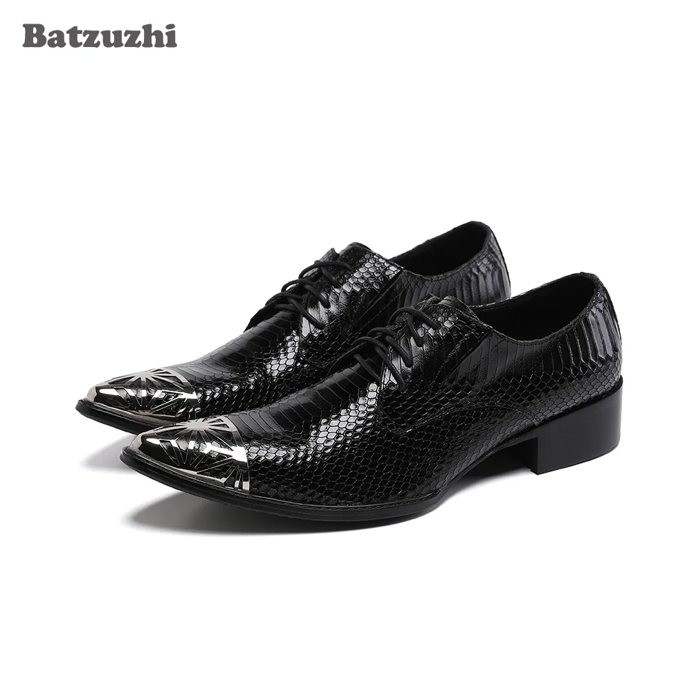 

Batzuzhi Italian Style Men's Shoes Fashion Pointed Metal Toe Black Genuine Leather Dress Shoes Men Lace-up Business Footwear!