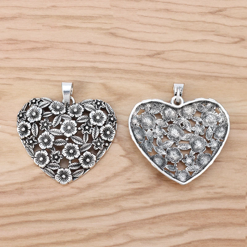 2 Pieces Tibetan Silver Large Flower Heart Charms Pendants for DIY Necklace Jewelry Making Findings Accessories