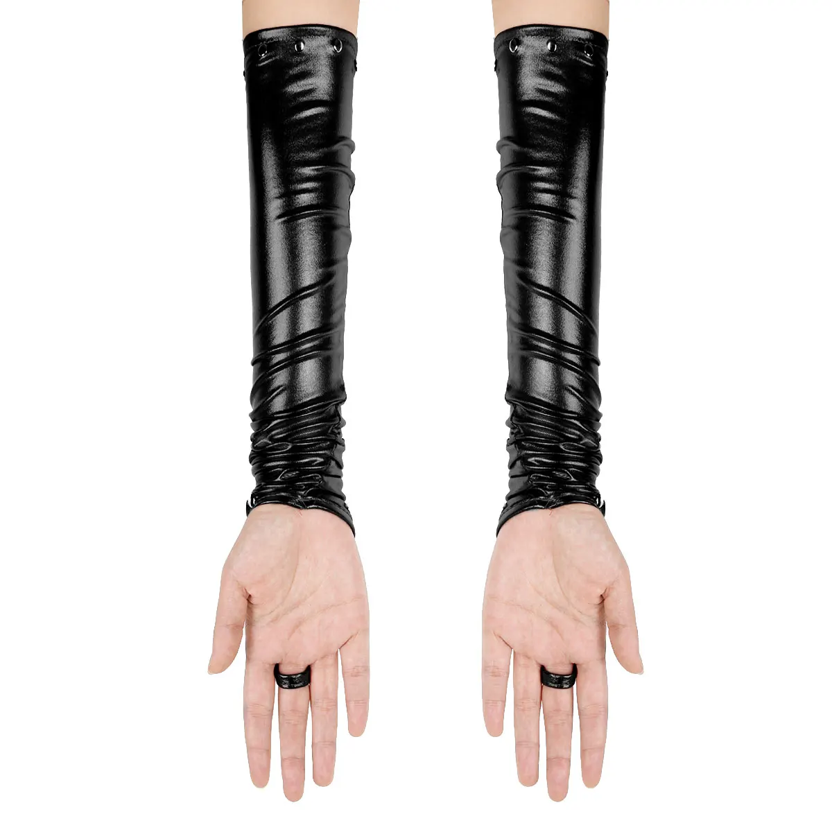 Women Shiny Metallic Gloves Wetlook Patent Leather Fingerless Long Gloves with Rivets Night Club Dancewear sexy Long Arm Gloves