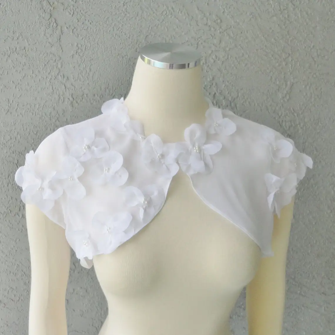 Wedding Bolero Shrug White or Ivory Chiffon Bride Boleros Women Cape Party Jacket Embellished With Hand Sewn Flowers and Beads