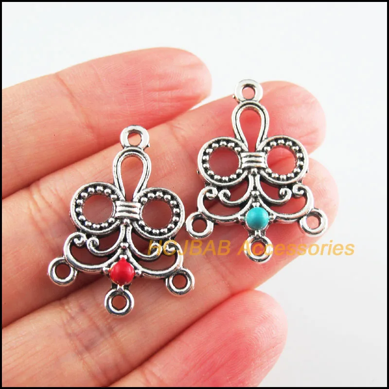 10Pcs Tibetan Silver Tone Flower Red & Blue Stone Clouds Charms Connectors 21.5x29mm