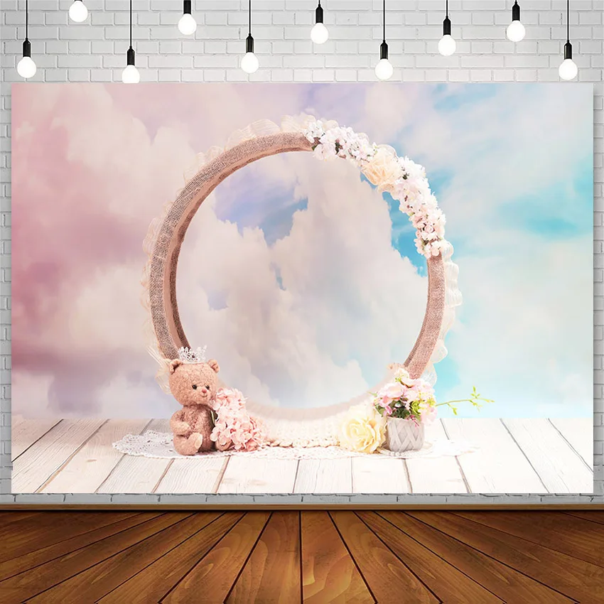 

Avezano Birthday Baby Shower Backdrop Color Cloud Flowers Bear Wood Floor Photography Background Photocall Photozone Decor Props