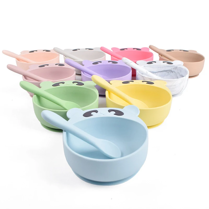 2021 27Colors New Panda Silicone Bowl WIth Spoon Fork Food Grade Non-Slip Suction Bowl Kids Tableware Waterproof BPA Free Spoon