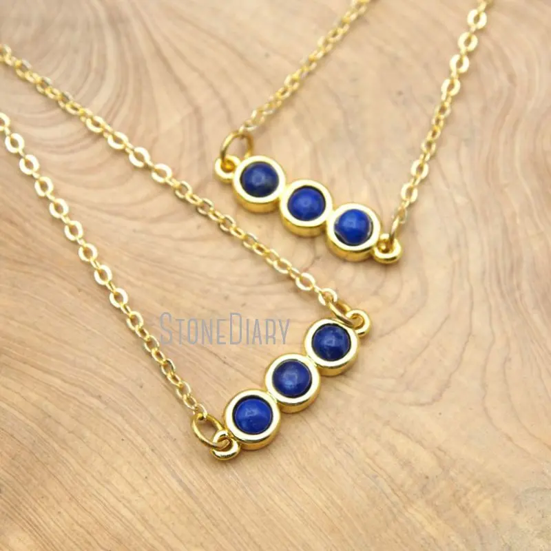 NM15811 10Pcs Best Seller Natural Gemstone Lapis Lazuli Three Gold Color Round Shape Chains Necklaces Clearance 18-32inch