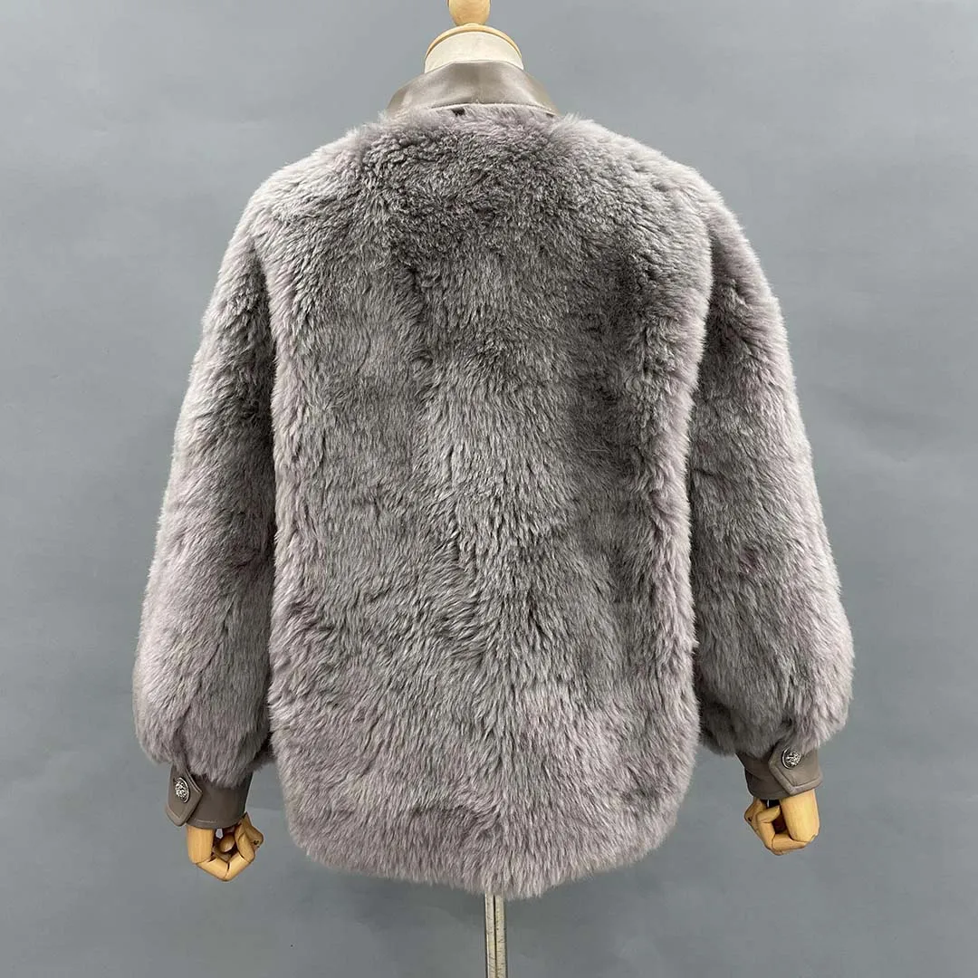 Abrigo de piel de lana auténtica para mujer, chaqueta suave de piel auténtica con cuello vuelto, 100%, Otoño e Invierno