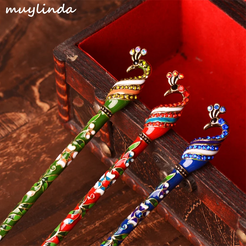 muylinda Vintage Enamel Peacock Hair Sticks Retro Women Hairpin Women Costume Rhinestone Hair Jewelry Accessories