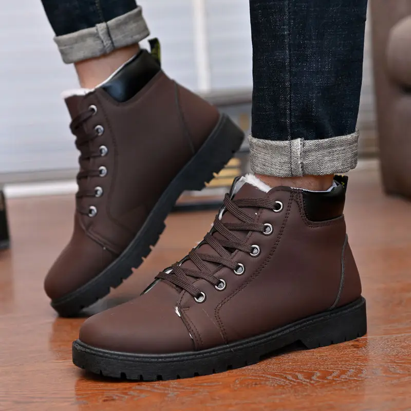 

Autumn Winter Men Boots Big Size Fashion Fur Lace-up Warm Leather Boots For Men High Top Snow Casual Shoes Men