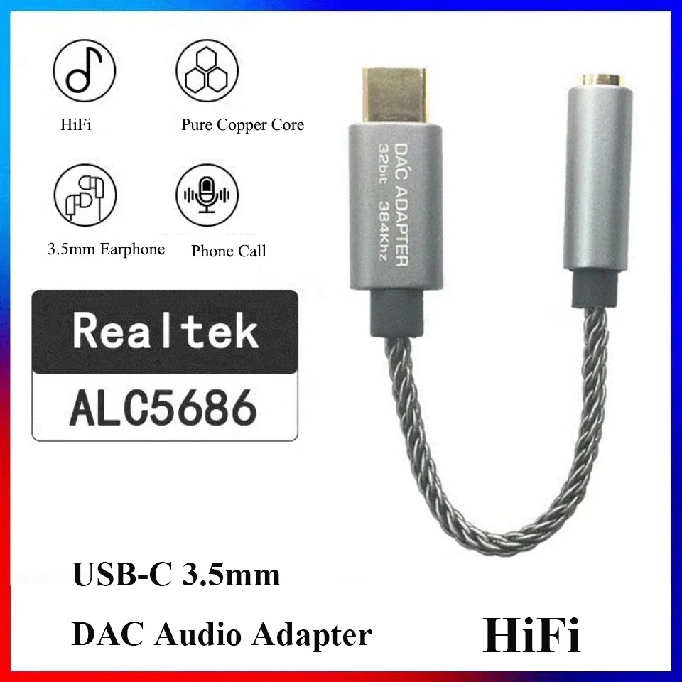 Realtek ALC5686 USB Type C DAC Headphone adapter HIFI Decoder Audio 3.5mm Jack otg type c Converter for xiaomi huawei  Android