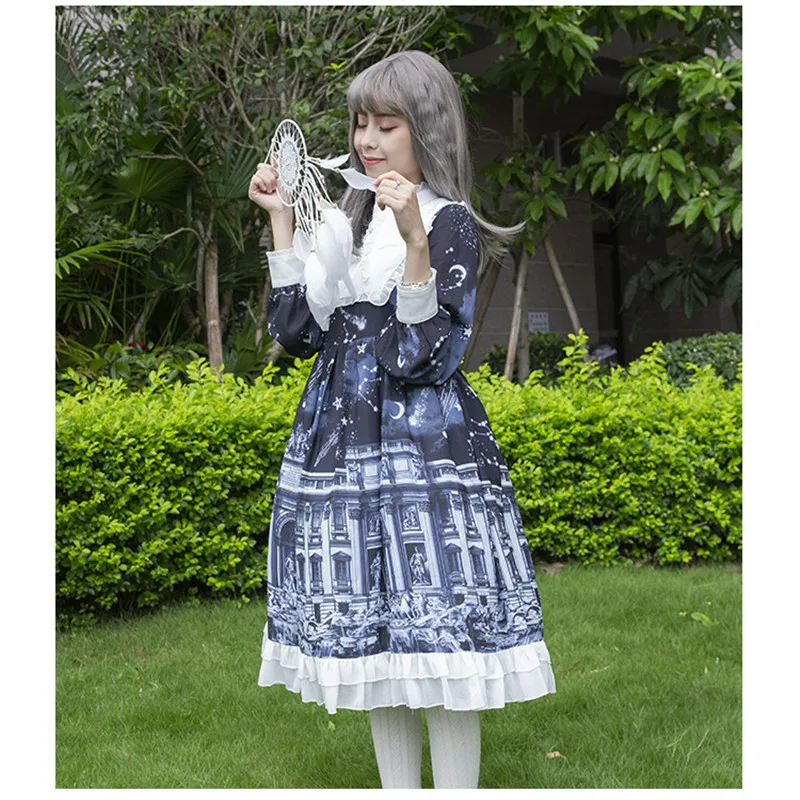 Gothic japanese sweet lolita dress vintage falbala stand high waist printing victorian dress kawaii girl gothic lolita op cos