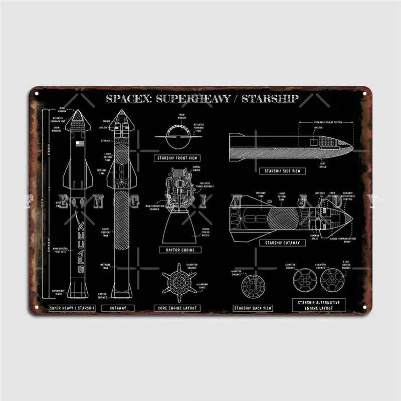 Spacex: Super Heavy Starship White Stencil-No Background Metal Sign Cinema Living Room Kitchen Plaques Tin Sign Poster