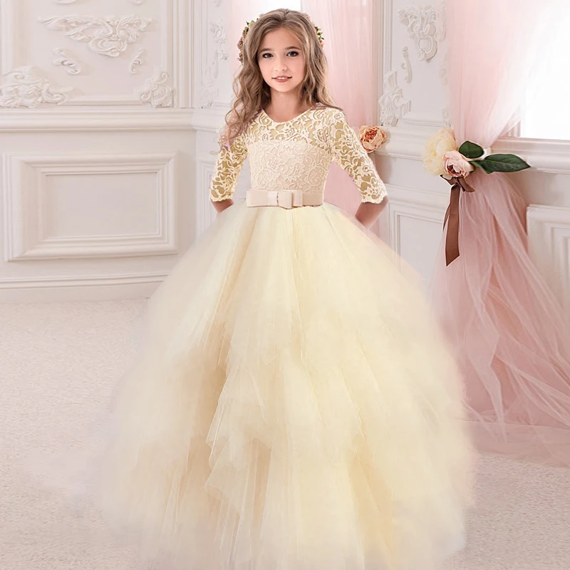 Kids White Bridesmaid Dress For Girls Children Costume Dress Long Sleeve Princess Dresses Vestido Flower Girl Party 10 12Y