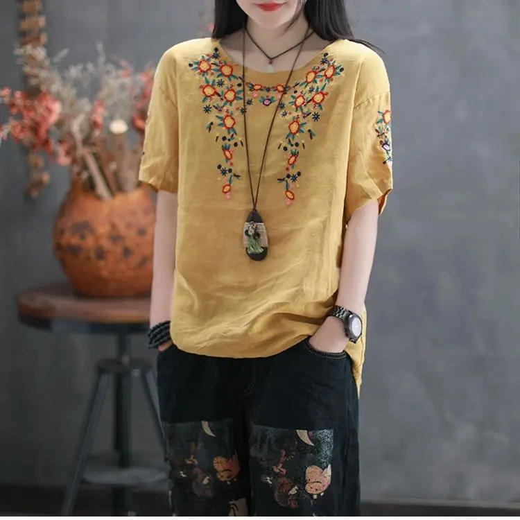 Phụ Nữ Áo Sơ Mi Trắng Thêu Hoa Cotton Và Vải Lanh Áo Thun Ngắn Tay Blusas Mùa Hè Retro In Lớn Kích Thước O cổ Top