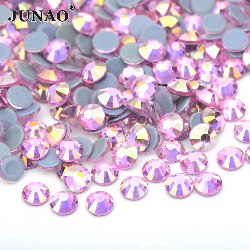 JUNAO SS 6 8 10 16 20 30 Light Rose AB Hot Fix Rhinestone Flatback Crystal Strass Hotfix Iron On Glass Stone for Dress Shoes