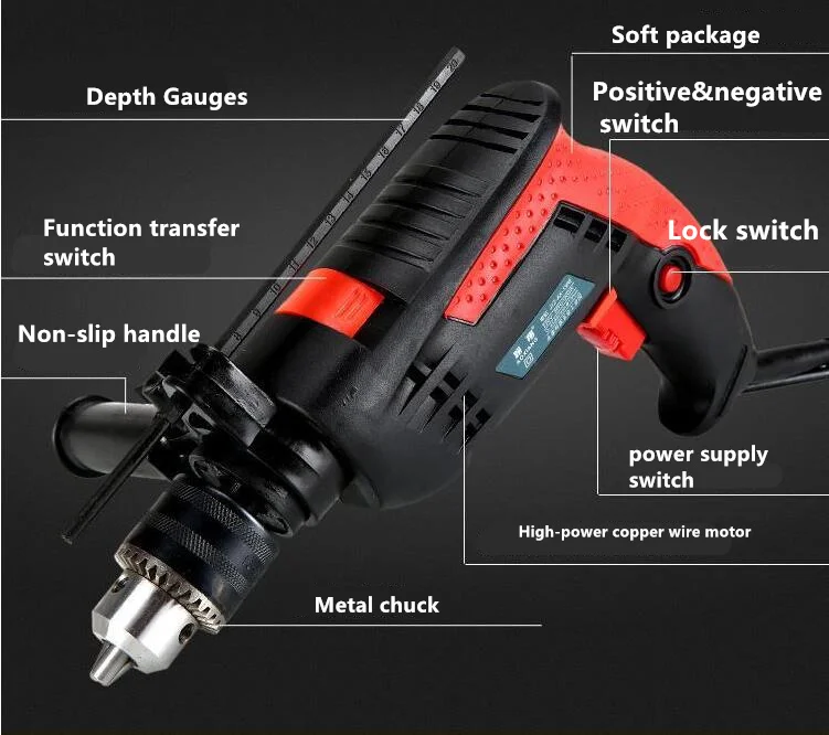 220V 1200W Speed Adjustable 13mm AC Impact Drill Electric Hammer Electric Drill Power Drill Woodworking Power Tool