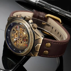 Retro Stijl Mannen Automatische Mechanische Horloge Skeleton Steampunk Lederen Band Mens Self Winding Horloges Mannen Reloj